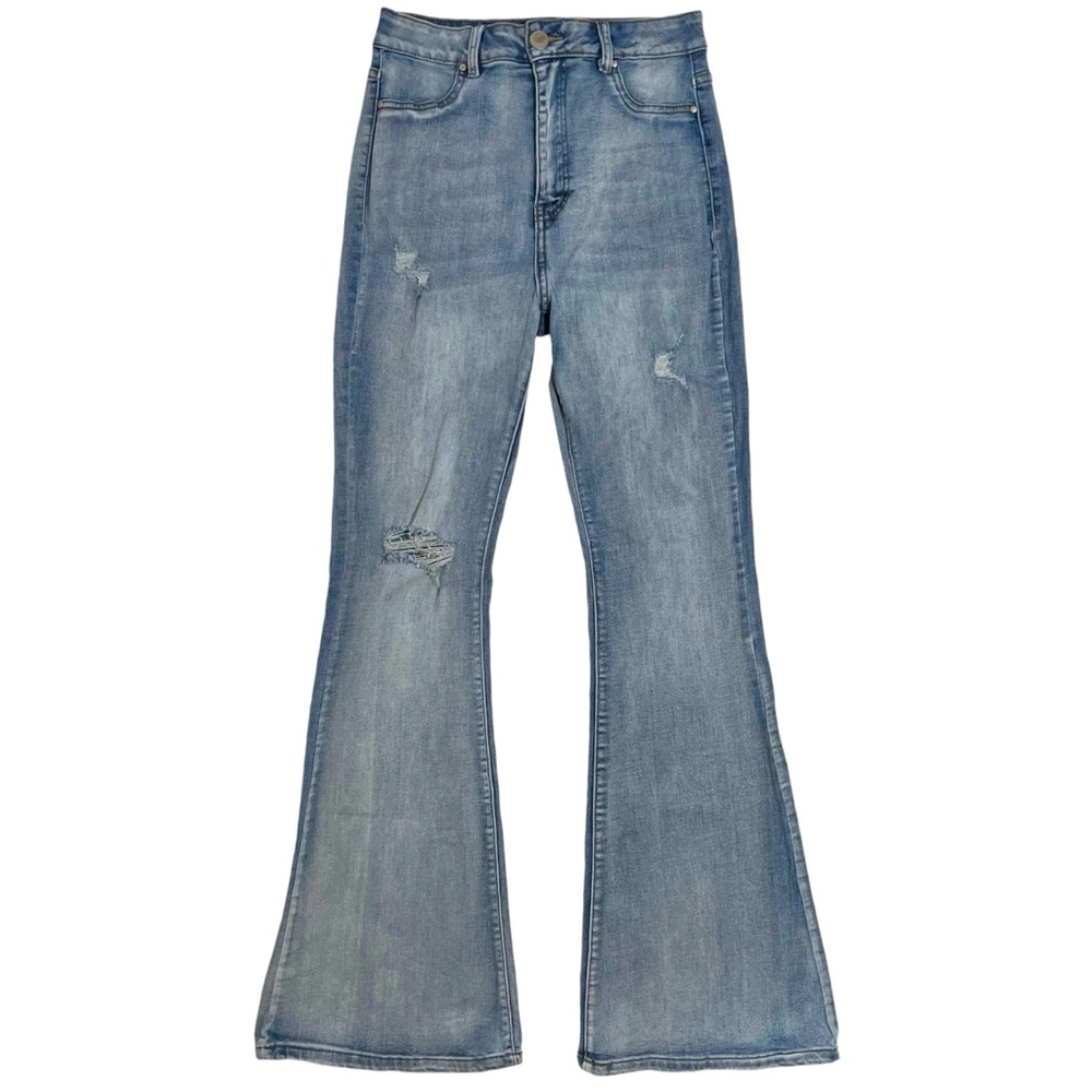 Light wash high rise flare leg distressed jeans